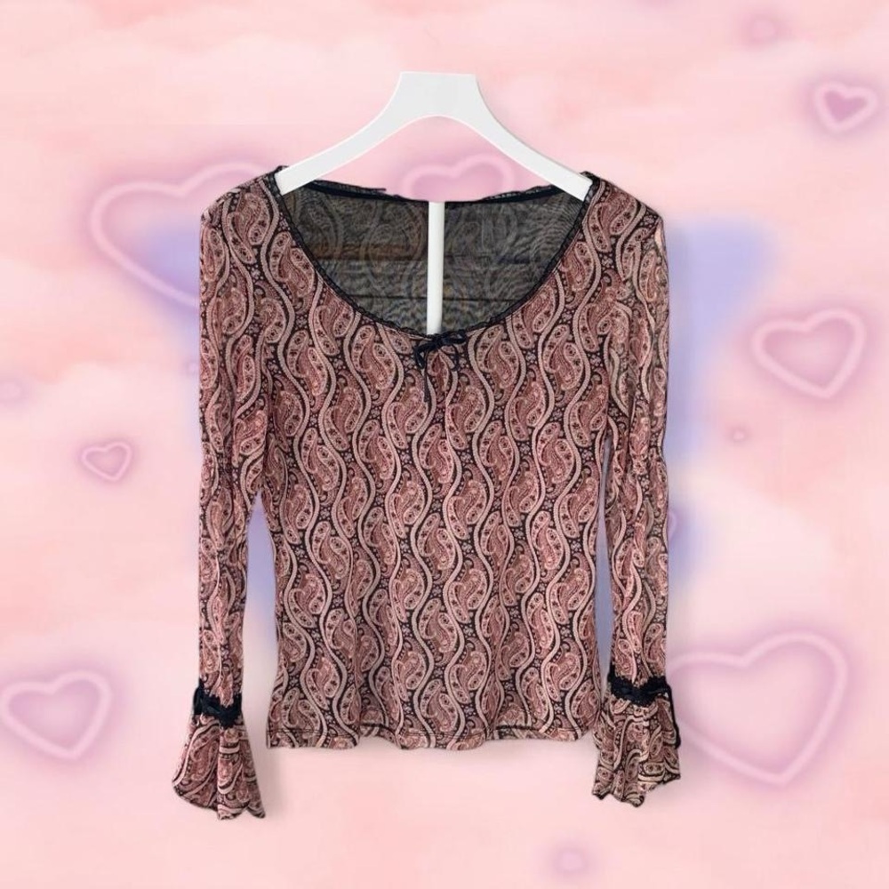 Paisley Long Sleeve Scoop Neck Top with Lace Trim